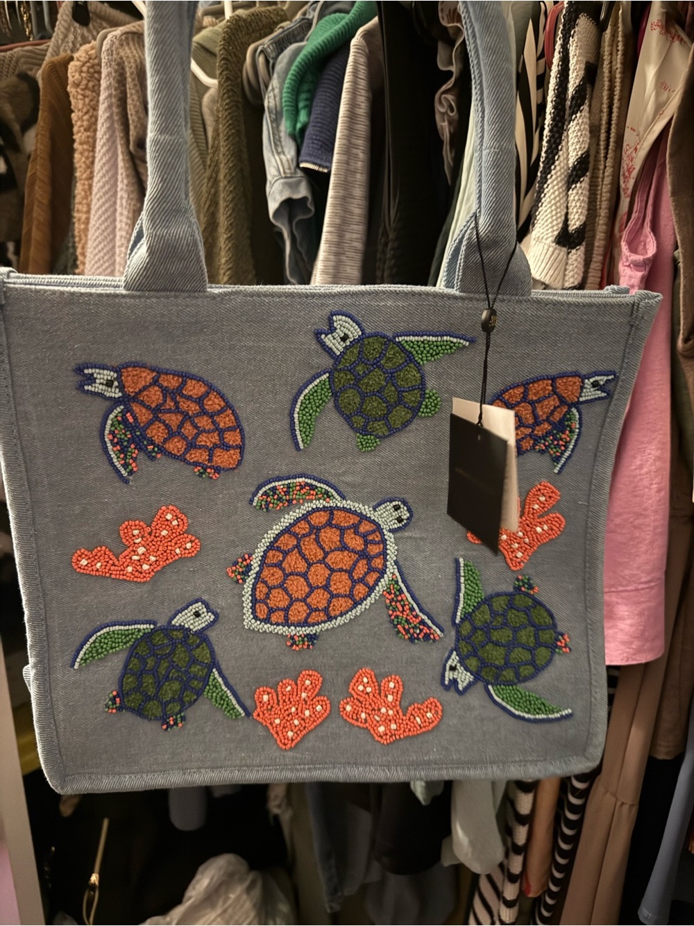 VIRAL TJ MAXX- Beaded Turtle Tote Bag in Denim Blue
